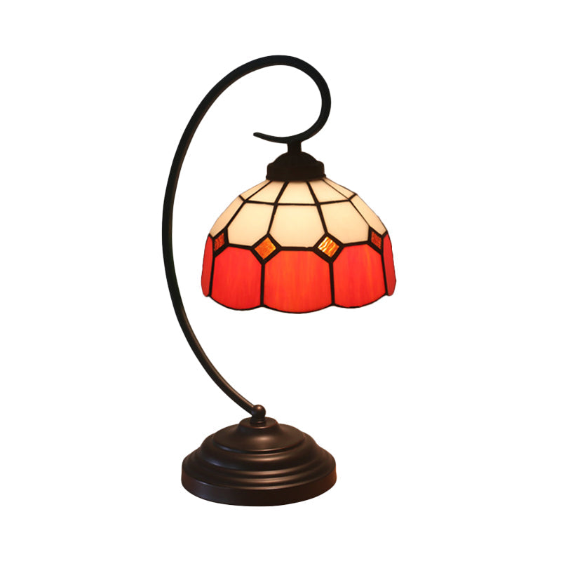 Tiffany Hand Cut Glass Red/Pink Grid Patterned Nightstand Lamp With Domed Shape And Curved Arm
