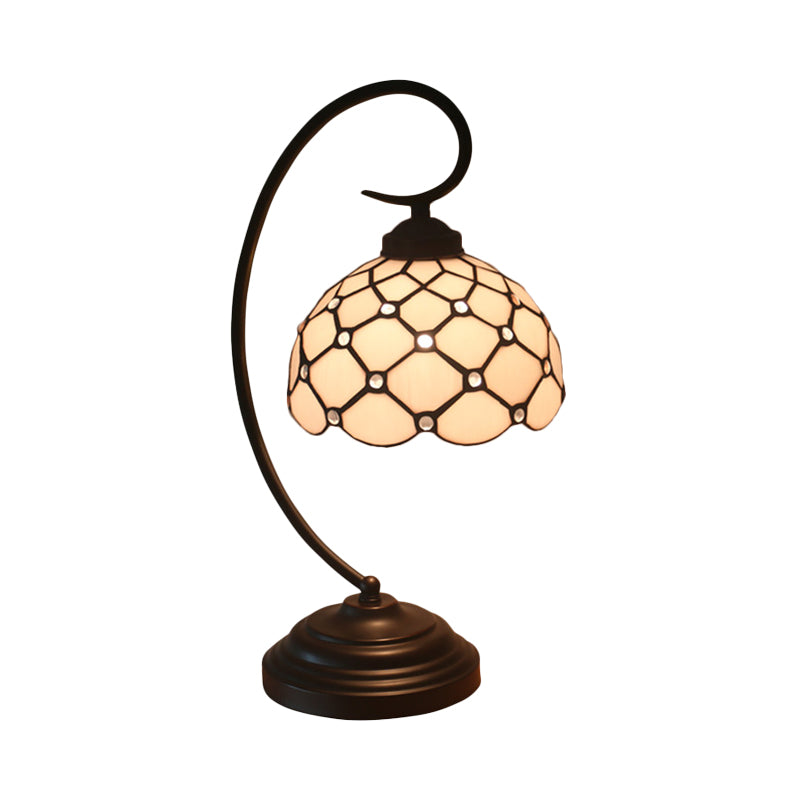Bronze Tiffany Night Table Lamp With Beaded Patterned Shade - Swirl Arm Beige/White Glass