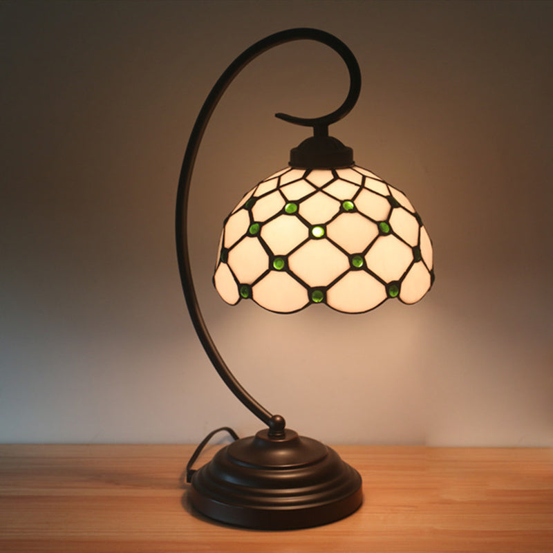 Bronze Tiffany Night Table Lamp With Beaded Patterned Shade - Swirl Arm Beige/White Glass Green