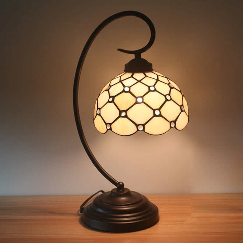 Bronze Tiffany Night Table Lamp With Beaded Patterned Shade - Swirl Arm Beige/White Glass Yellow