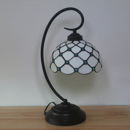Bronze Tiffany Night Table Lamp With Beaded Patterned Shade - Swirl Arm Beige/White Glass