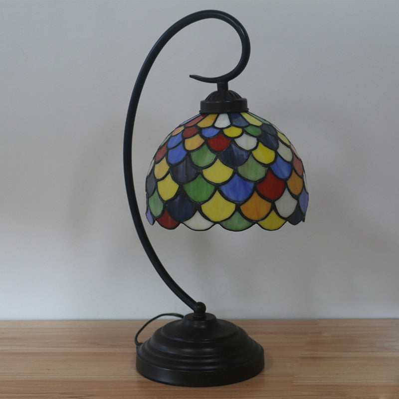 Victorian Fishscale Patterned Domed Task Lamp 1 Light Stained Glass Nightstand Lighting In Dark