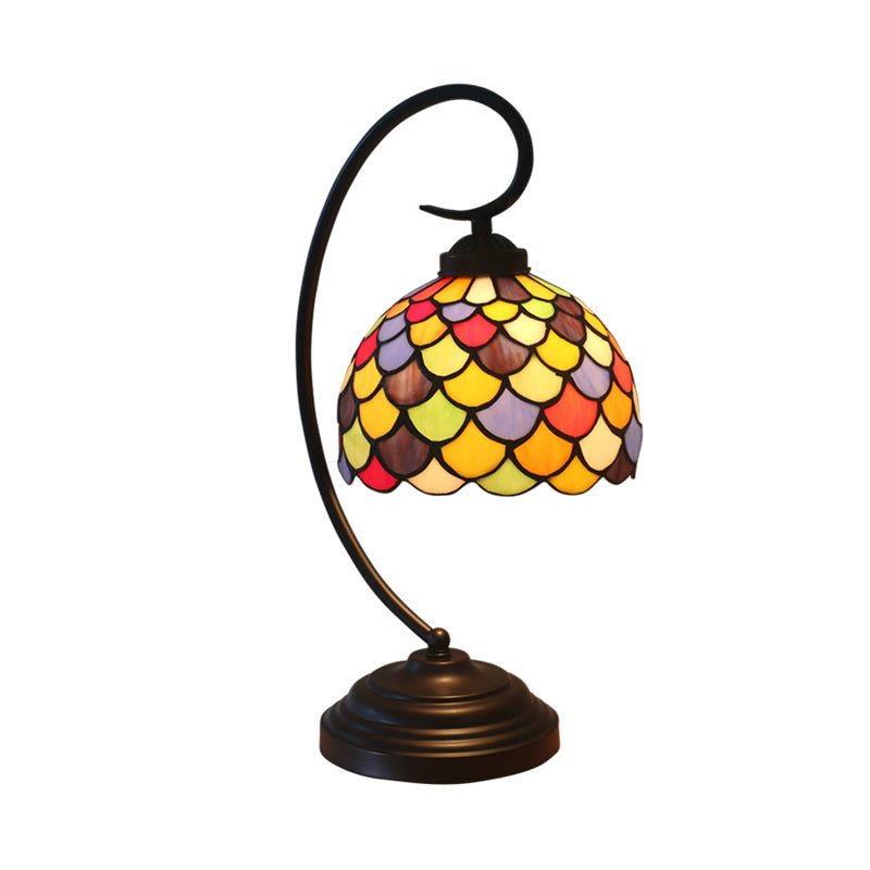Victorian Fishscale Patterned Domed Task Lamp 1 Light Stained Glass Nightstand Lighting In Dark