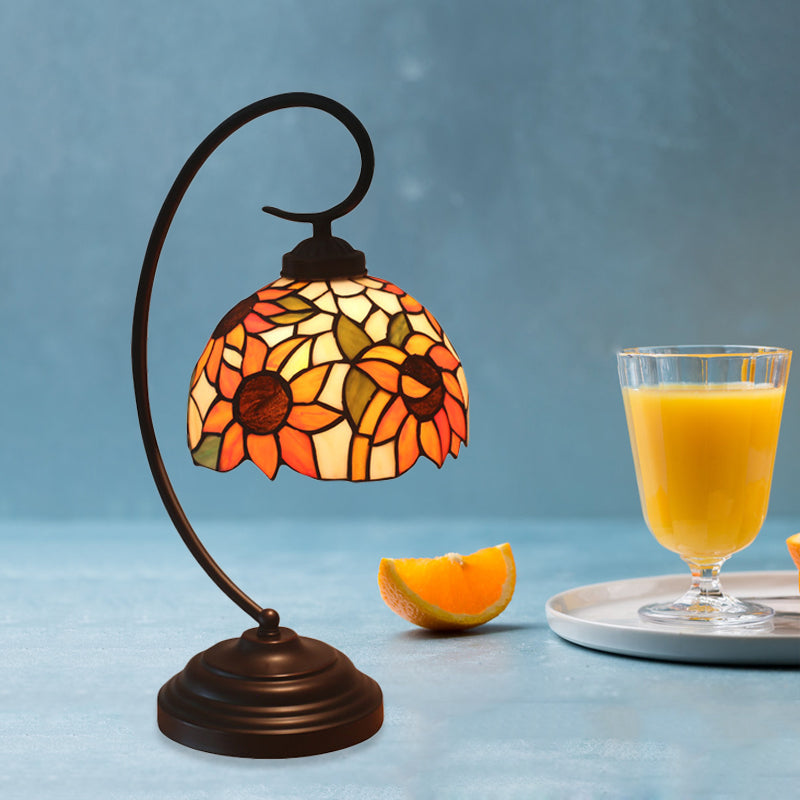 Mediterranean Sunflower Stained Glass Nightstand Light - Dark Coffee Finish Swirl Arm Bulb Included