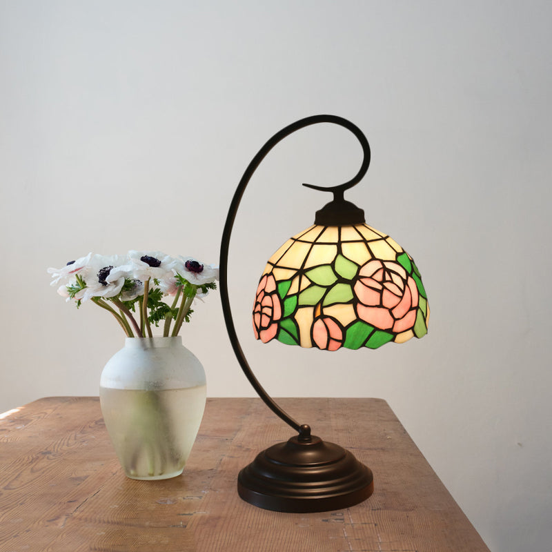 Curvy Bronze Baroque Night Light With Floral Patterned Glass Shade
