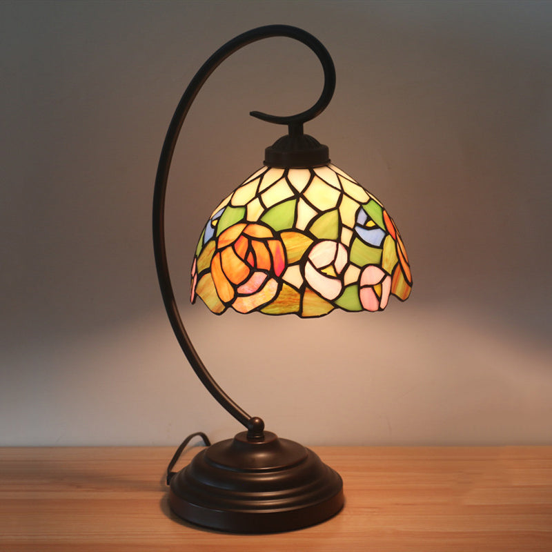 Curvy Bronze Baroque Night Light With Floral Patterned Glass Shade Orange