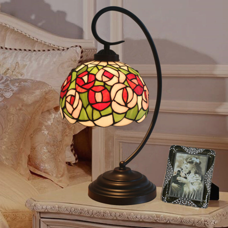 1-Light Baroque Dark Coffee Flower Patterned Desk Lamp For Bedroom Enchanting Dome Stained Glass