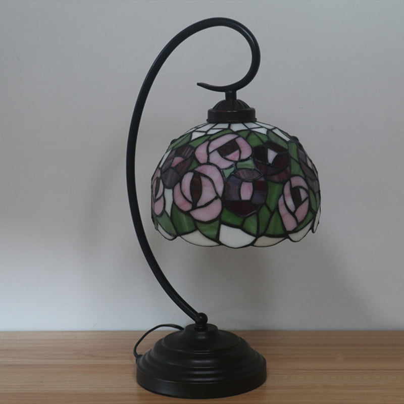 1-Light Baroque Dark Coffee Flower Patterned Desk Lamp For Bedroom Enchanting Dome Stained Glass