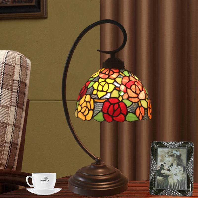 Rose Patterned Victorian Night Lamp With Stained Art Glass In Dark Coffee