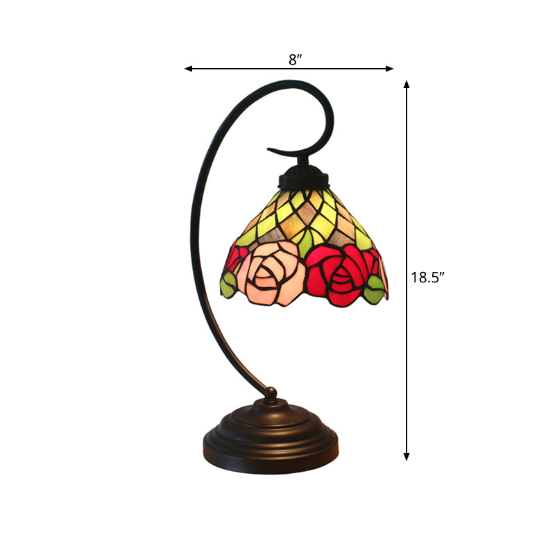 Victorian Stained Art Glass Rose Patterned Desk Lamp In Dark Coffee - Table With 1 Head