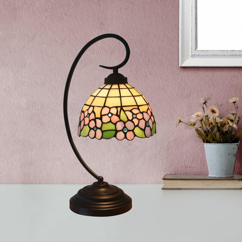 Blossom Pattern Tiffany Glass Desk Lamp - Pink/Orange 1-Head Night Table Light For Bedroom Blue
