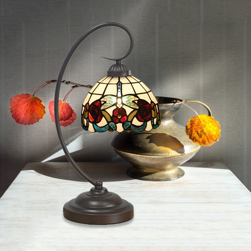 Tiffany Stained Glass Nightstand Lamp - Dome Shaped Night Table Light With Butterfly And Flower