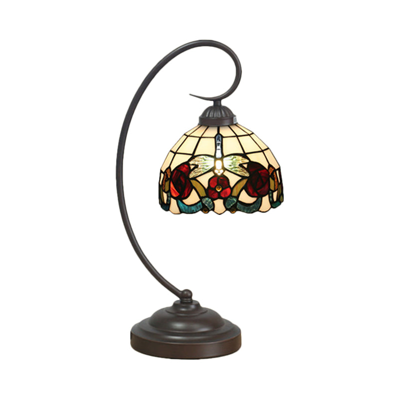 Tiffany Stained Glass Nightstand Lamp - Dome Shaped Night Table Light With Butterfly And Flower
