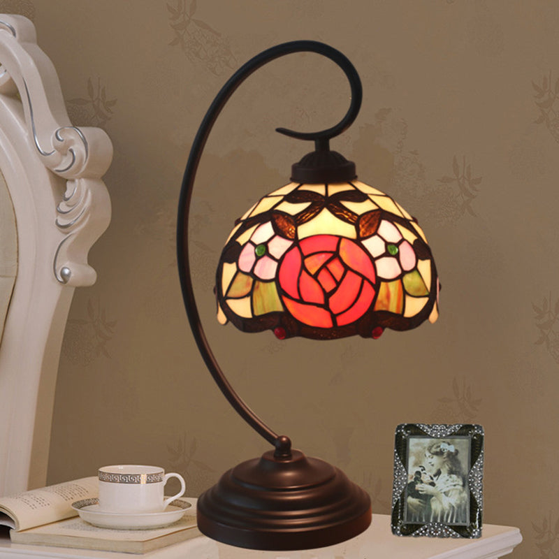 Baroque Red/Pink/Brown Cut Glass Domed Table Lamp With Curvy Arm Pink