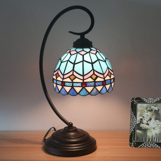 Yellow/Blue Tiffany Style Domed Nightstand Lamp - Stained Art Glass Task Lighting Curvy Arm Blue