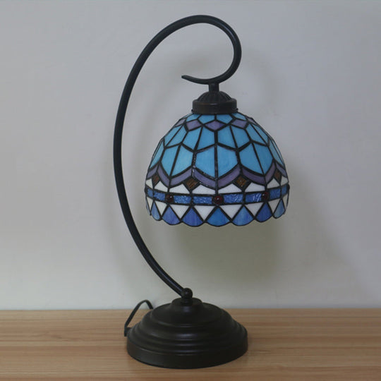 Yellow/Blue Tiffany Style Domed Nightstand Lamp - Stained Art Glass Task Lighting Curvy Arm