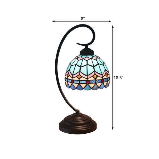 Yellow/Blue Tiffany Style Domed Nightstand Lamp - Stained Art Glass Task Lighting Curvy Arm