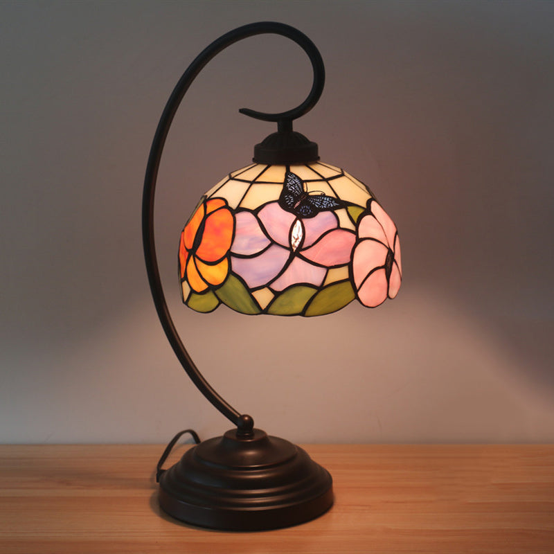 Victorian Stained Glass Nightstand Light - Pink/Purple Flower Pattern With Swirl Arm Purple