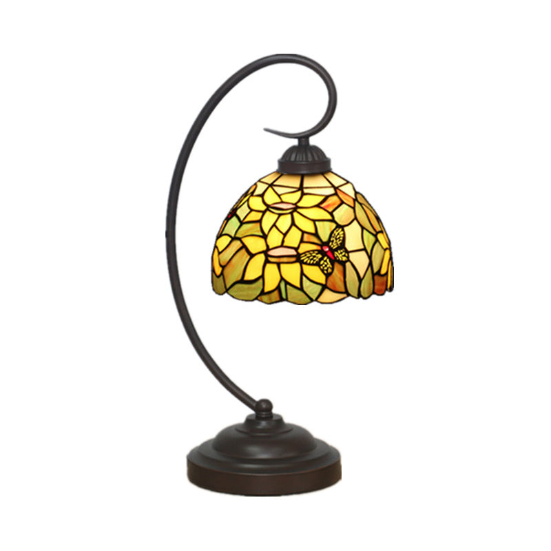 Red/Yellow Tiffany Style Hand Cut Glass Night Table Lamp With Blossom Pattern - Ideal Desk Lighting