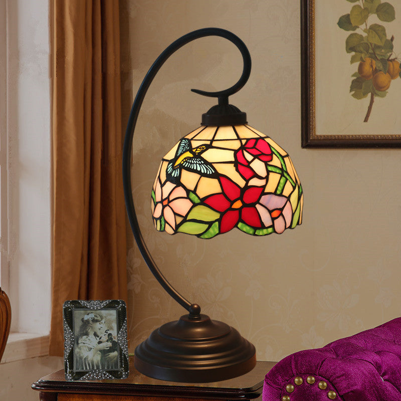 Red/Yellow Tiffany Style Hand Cut Glass Night Table Lamp With Blossom Pattern - Ideal Desk Lighting