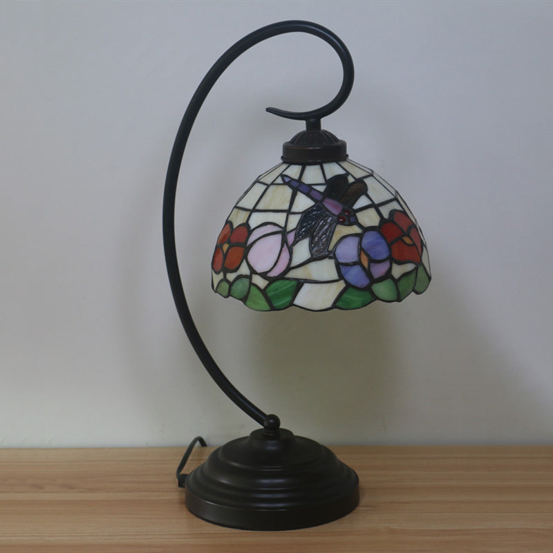 Mediterranean Cut Glass Domed Night Table Lamp - Dark Coffee Dragonfly And Flower Patterned Desk