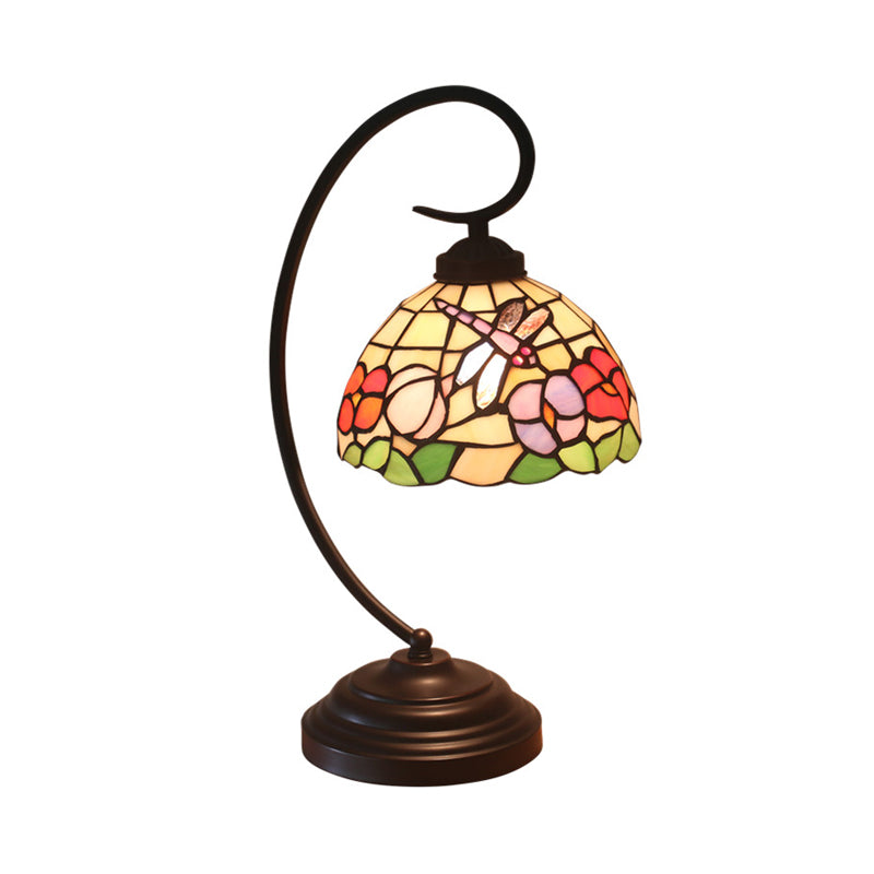 Mediterranean Cut Glass Domed Night Table Lamp - Dark Coffee Dragonfly And Flower Patterned Desk