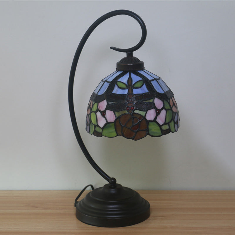 Tiffany Style Dragonfly Patterned Desk Lamp With Stained Glass Dome Shade Blue