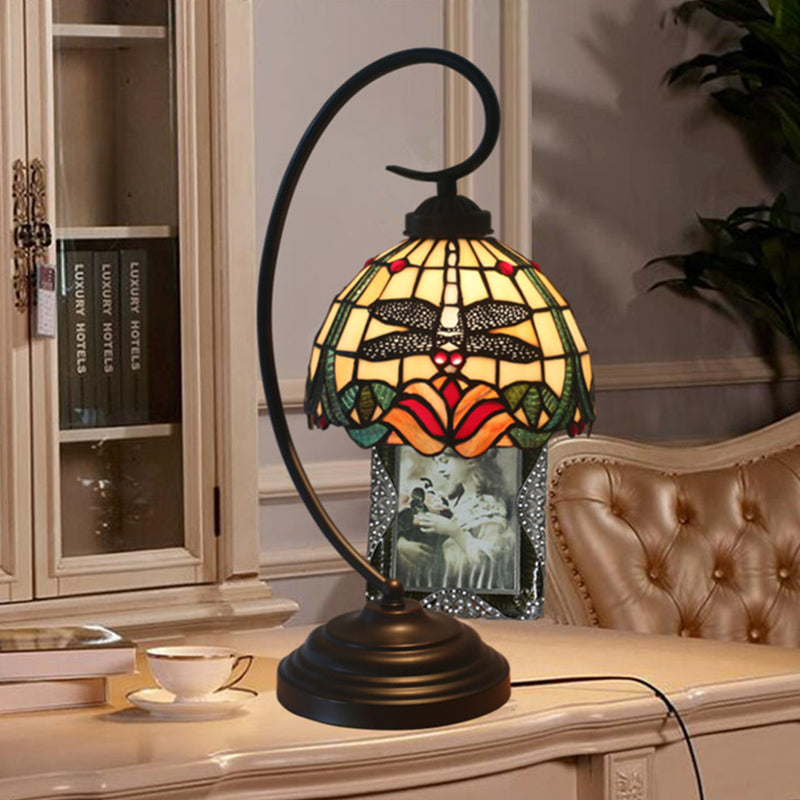 Tiffany Style Dragonfly Patterned Desk Lamp With Stained Glass Dome Shade Beige
