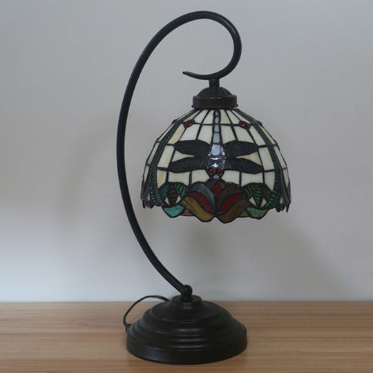 Tiffany Style Dragonfly Patterned Desk Lamp With Stained Glass Dome Shade