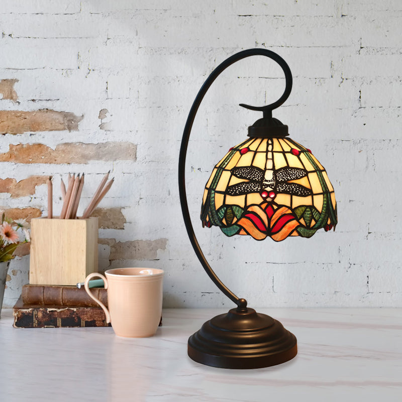 Tiffany Style Dragonfly Patterned Desk Lamp With Stained Glass Dome Shade