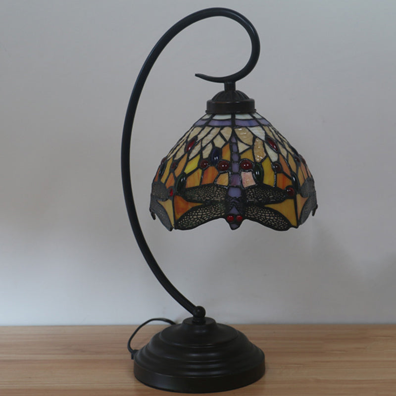 Dragonfly Cut Glass Victorian Desk Lamp - 1 Light Orange/Green Night With Curved Arm For Bedroom