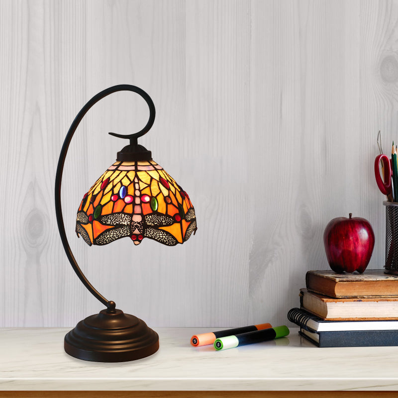 Dragonfly Cut Glass Victorian Desk Lamp - 1 Light Orange/Green Night With Curved Arm For Bedroom