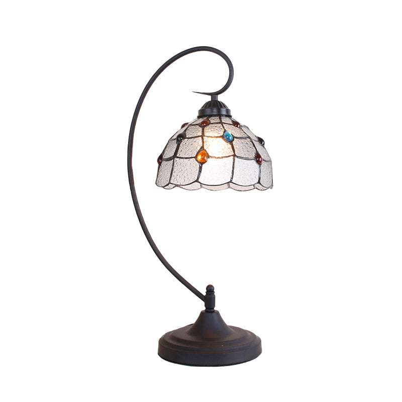 Beige/White And Silver Glass Night Lamp With Victorian Style Curvy Arm - Elegant Black Lattice Bowl