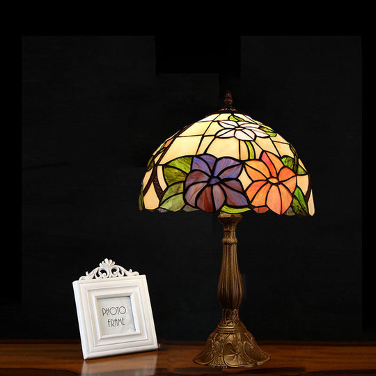 Tiffany Dome Shade Table Light: Stained Art Glass Night Lamp Bronze With Bloom Pattern - 1 Bulb