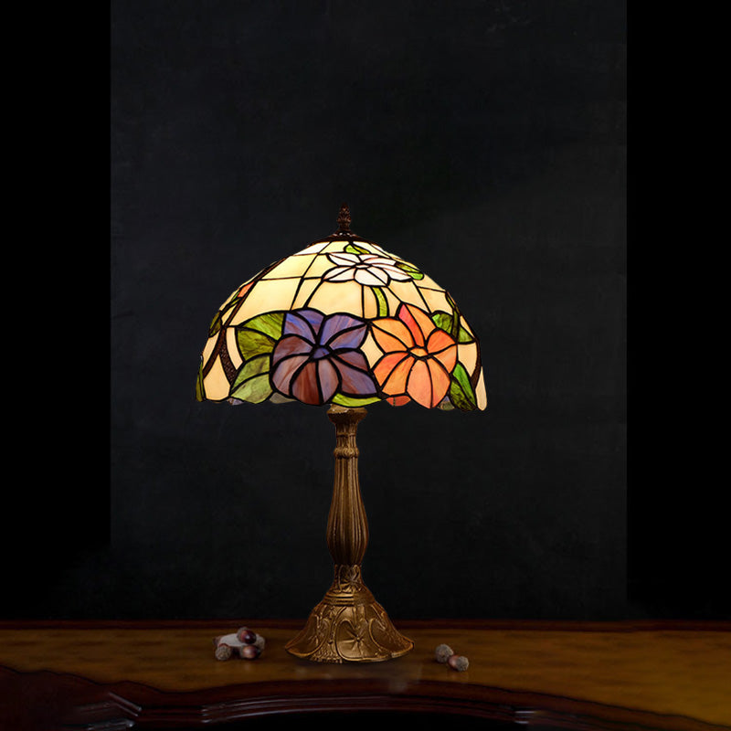 Victoria - Tiffany Tiffany Dome Shade Table Light 1-Bulb Stained Art Glass Night Lighting in Bronze with Bloom Pattern