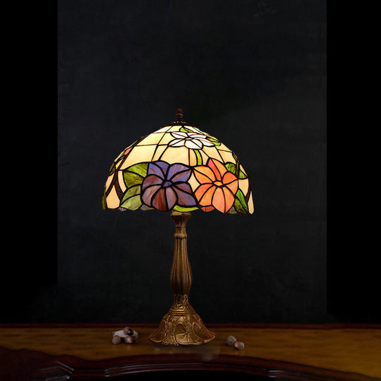 Tiffany Dome Shade Table Light: Stained Art Glass Night Lamp Bronze With Bloom Pattern - 1 Bulb