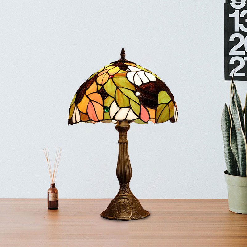 Baroque Style Stained Glass Table Lamp - Yellow/Green/Orange Dome Design With Leaf/Flower Pattern