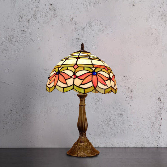 Baroque Style Stained Glass Table Lamp - Yellow/Green/Orange Dome Design With Leaf/Flower Pattern