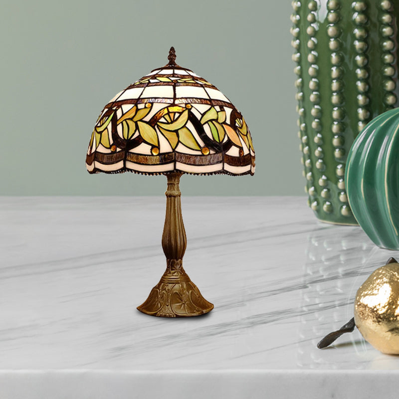 Samantha - Head 1 Head Dome Table Lamp Baroque Style Yellow/Green/Orange Stained Glass Nightstand Lamp with Leaf/Flower Pattern