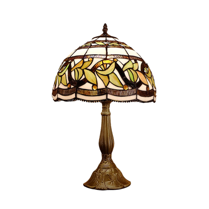 Samantha - Head 1 Head Dome Table Lamp Baroque Style Yellow/Green/Orange Stained Glass Nightstand Lamp with Leaf/Flower Pattern