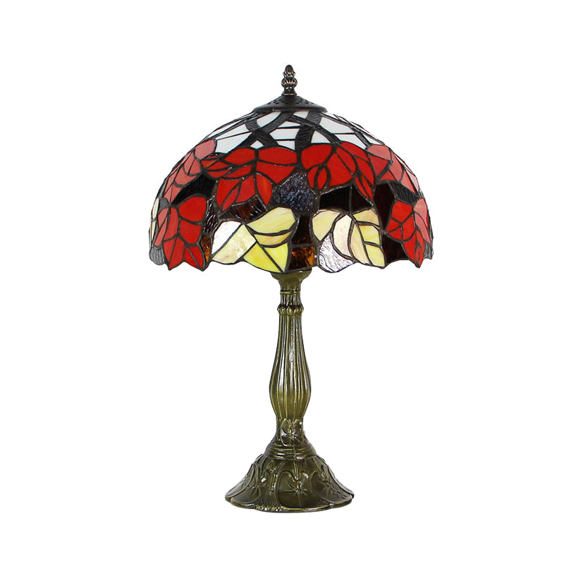 Victorian 1-Light Red/Brown Flower Patterned Cut Glass Table Lamp For Bedside