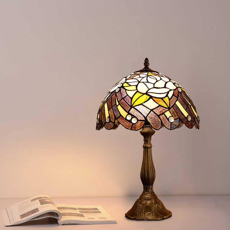 Victorian 1-Light Red/Brown Flower Patterned Cut Glass Table Lamp For Bedside