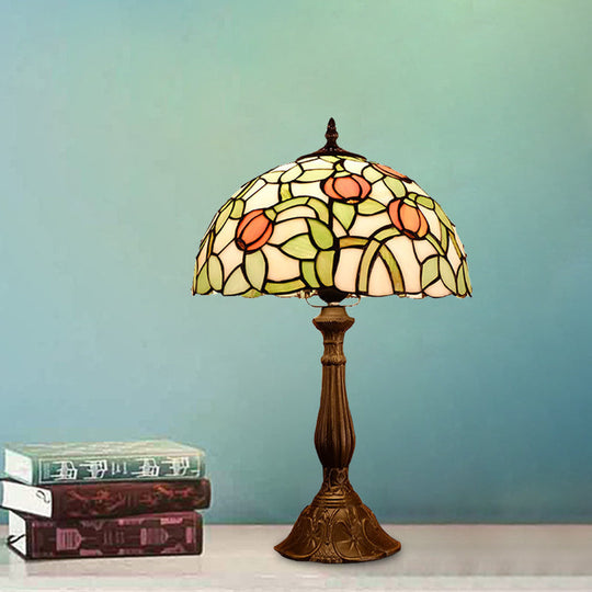 Mediterranean Bronze Tulip Patterned Nightstand Lamp With Stained Glass Shade