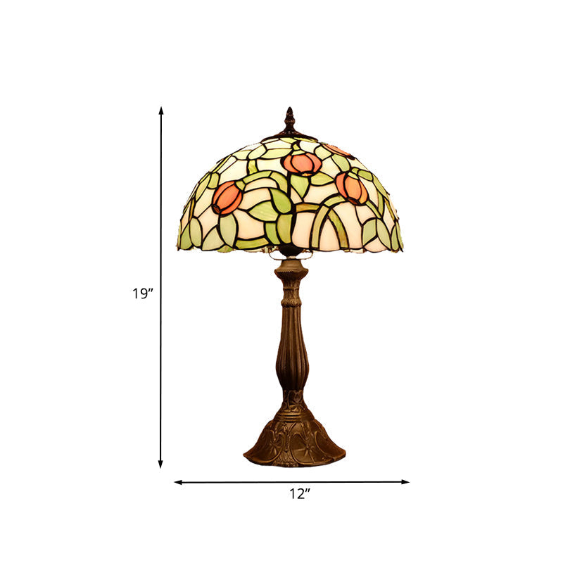 Mediterranean Bronze Tulip Patterned Nightstand Lamp With Stained Glass Shade