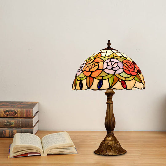 Baroque Blossom Stained Art Glass Nightstand Light With Domed Design - 1 Bulb Red/Beige/Green Red