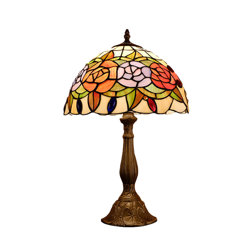 Baroque Blossom Stained Art Glass Nightstand Light With Domed Design - 1 Bulb Red/Beige/Green