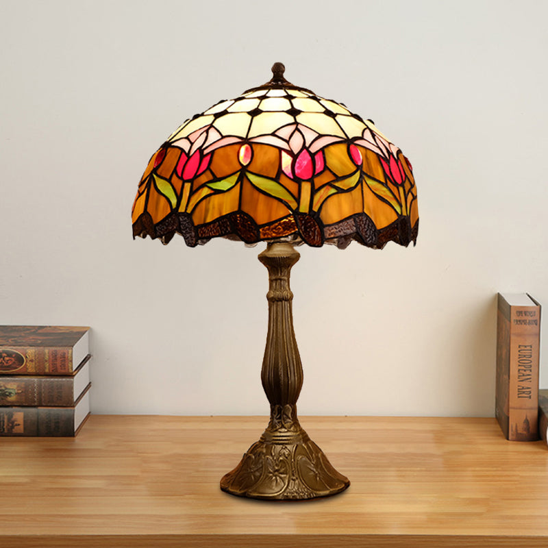 Baroque Blossom Stained Art Glass Nightstand Light With Domed Design - 1 Bulb Red/Beige/Green Orange