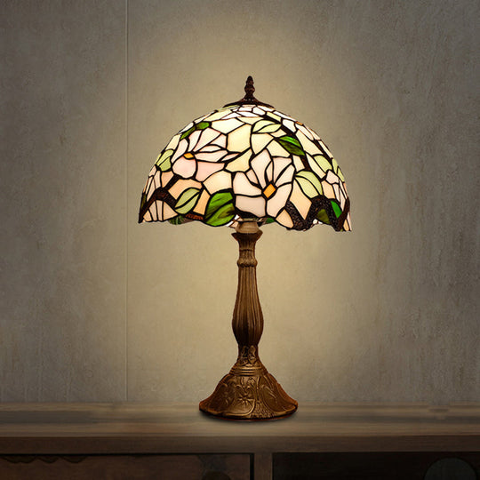 Baroque Blossom Stained Art Glass Nightstand Light With Domed Design - 1 Bulb Red/Beige/Green Beige