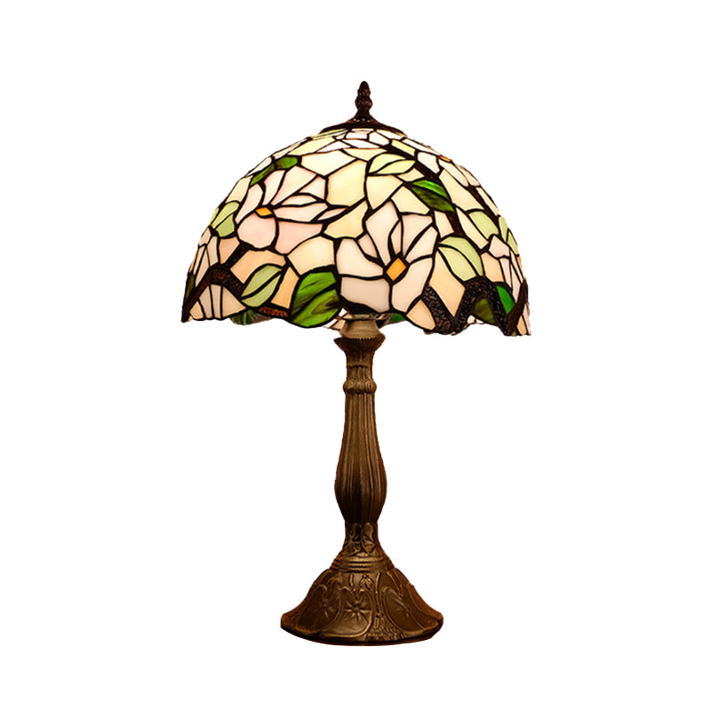 Baroque Blossom Stained Art Glass Nightstand Light With Domed Design - 1 Bulb Red/Beige/Green