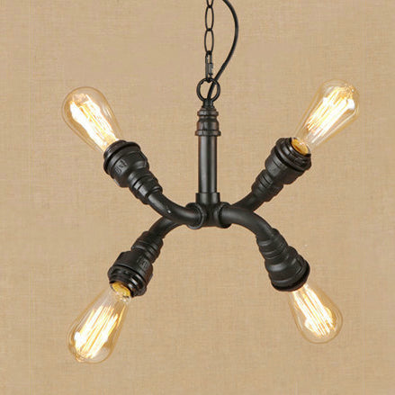 Industrial Stylish Bare Bulb Chandelier Pendant Light - 4-Light Iron Lamp With Water Pipe Design In